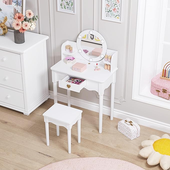 UTEX Kids Vanity, Girls Vanity Set with Mirror and Stool and Lights, Kids Vanity Table and Chair Set,Wooden Princess Makeup Desk Dressing Table, White