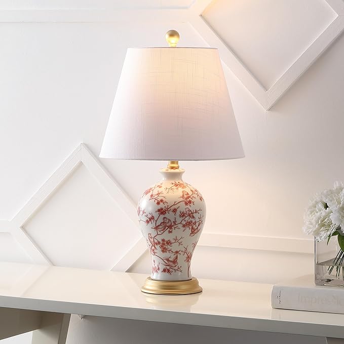 JONATHAN Y JYL3009C Grace 24" French Country Cottage Ceramic/Iron Floral Urn LED Table Lamp, White/Red for Bedroom, Living Room, Office, College