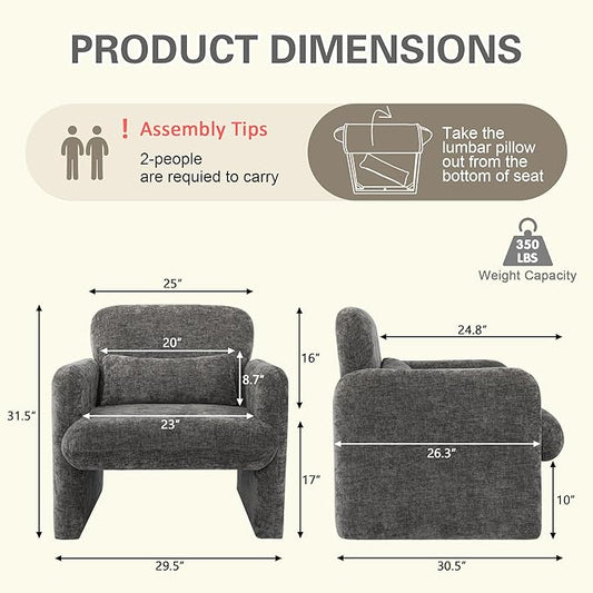 LSSPAID Modern Accent Chairs, Chenille Fabric Armchairs for Living Room, Comfy Upholstered Leisure Single Sofa Chair with Lumbar Pillow for Bedroom, Balcony, Office (Charcoal, Set of 2)
