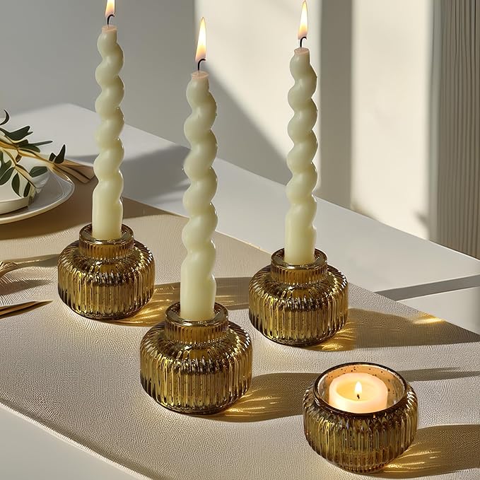 Kate Aspen Taper Candle Holders for Candlesticks, Ribbed Glass Gold Candle Holders Set of 4, Retro Candlestick Stand Decor, Votive Candle Holder Decor Accents for Holiday & Home Decoration Styling