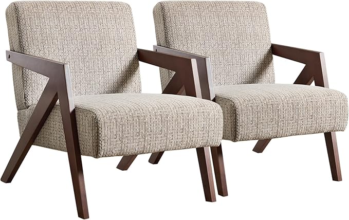 Bonzy Home Mid-Century Modern Accent Chair Set of 2 with Wood Frame, Upholstered Armchair for Bedroom & Living Room, Linen Fabric Cushion, Z-Shaped Armrest Design, Sturdy Lounge Chair,Brown