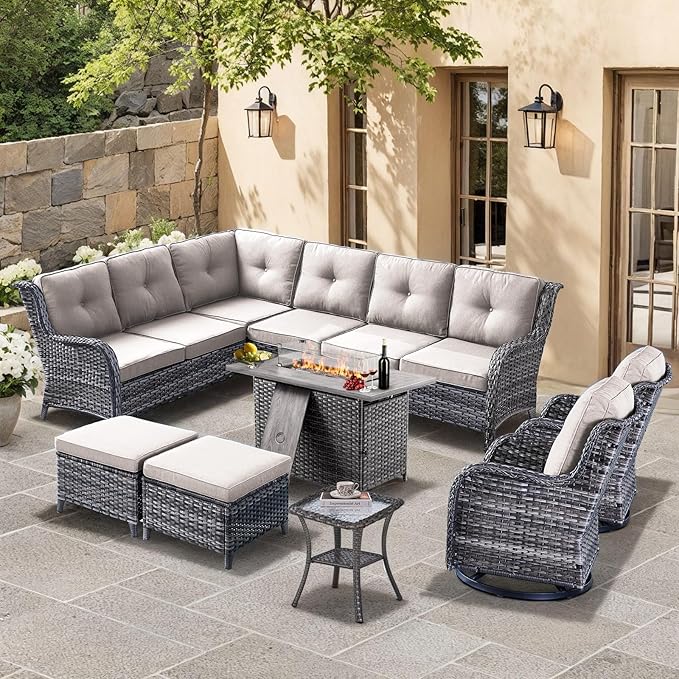 HUMMUH 8 Pieces Outdoor Patio Furniture Set with Fire Pit,L-Shaped Modular Sectional Couches with Swivel Patio Chairs,Wicker Conversation Set for Deck,Backyard,Porch,Garden