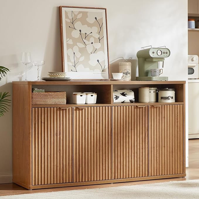 LEYAOYAO Fluted Buffet Cabinet with Storage, 55" Wide Wood Sideboard Credenza with 4 Doors & Open Storage Shelf, Modern Kitchen Console Accent Cabinets, Coffee Bar Table for Dining Room, Tea Brown