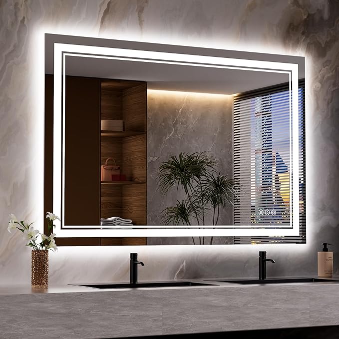 44 x 30 Inch LED Bathroom Mirror, Front Light and Backlit Lighted Vanity Mirror, Anti-Fog, Dimmable Memory, Shatterproof, Wall-Mounted