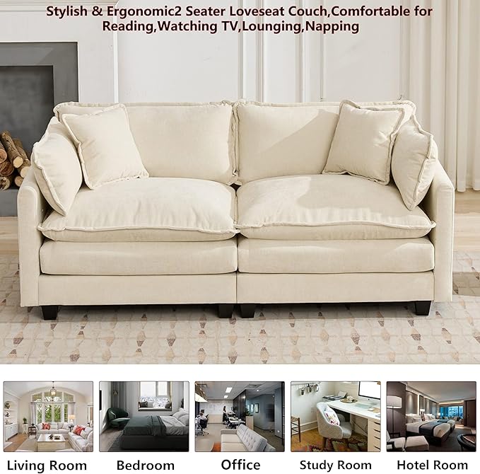 Aoowow Modular Sectional 2 Seater Cloud Sofa Couch for Living Room,78" Loveseat Couch with Deep Seat,Modern Chenille 2 Seat Sofas,Fluffy Small Couches for Bedroom,Small Spaces (Beige, 2 Seater)