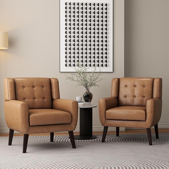 Accent Chair, Mid-Century Modern PU Leather Chairs with Arms for Living Room, Comfy Upholstered Club Single Sofa Armchair for Bedroom Waiting Room with Solid Wood Frame(Leather Brown, Set of 1)