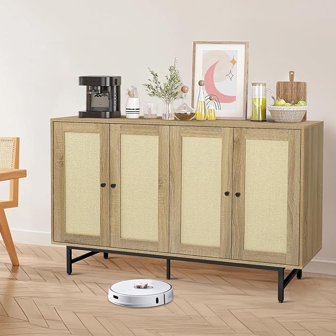 Sideboard Buffets Cabinet with 4 Rattan Doors, Large Storage Accent Cabinet Credenzas Modern Console Table for Living Room, Kitchen (Natural)