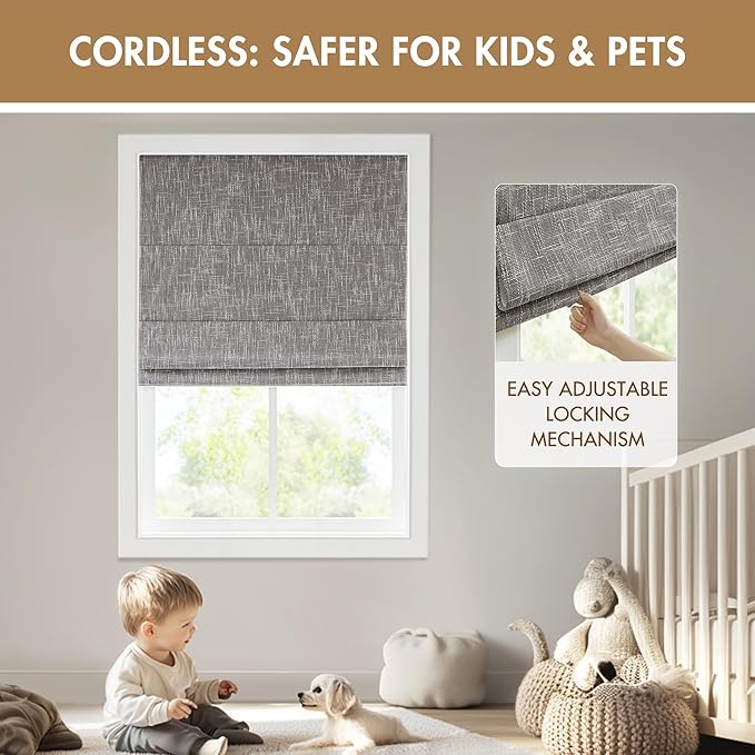 Madison Park Cordless Roman Shades, Total Blackout Window Blind Privacy Window Shades, Thermal Insulated Cordless Window Treatment for Bedroom, Living Room, Quincy, Single Panel 33" W X 64" H Grey