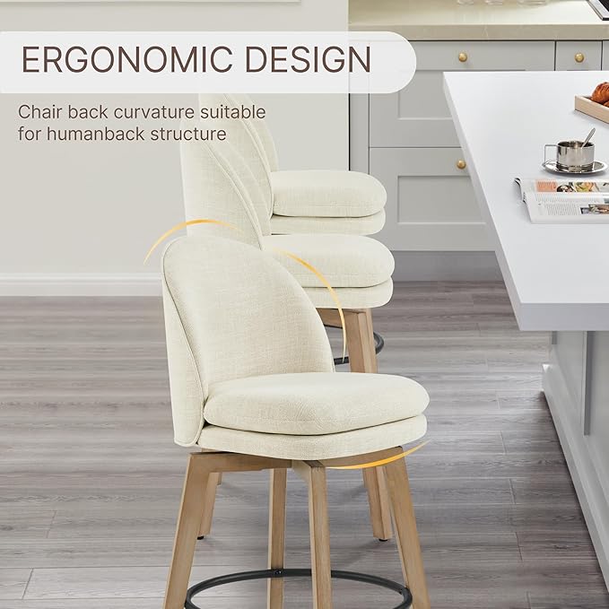 Counter Height Barstools 26 inch Upholstered Swivel Bar Stools with Back and Wood Legs for Kitchen Island,Set of 4,Linen Fabric-Armless