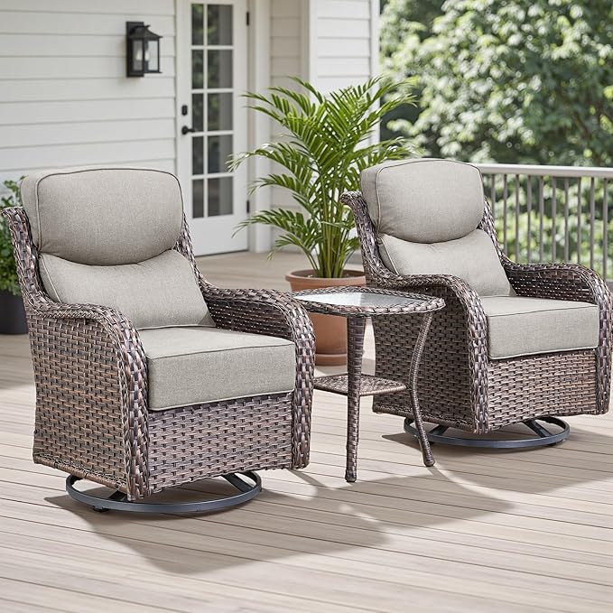 Rilyson Outdoor Patio Swivel Rocker Chairs Set of 2, Waterproof Wicker, High Back, Deep Seating, Wide Armrest, Upgraded 6 inch Thick Cushions, Side Table, Ideal for Deck Porch Yard, Brown/Beige