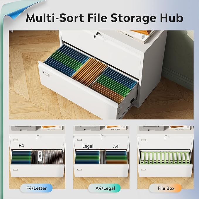 DEVAISE Metal Lateral File Cabinet with Lock, 2 Drawer Filing Cabinets for Home Office, Wide Storage Organization for Hanging Files Letter/A4/Legal/F4 Size, White, 16" D x 35" W x 29" H