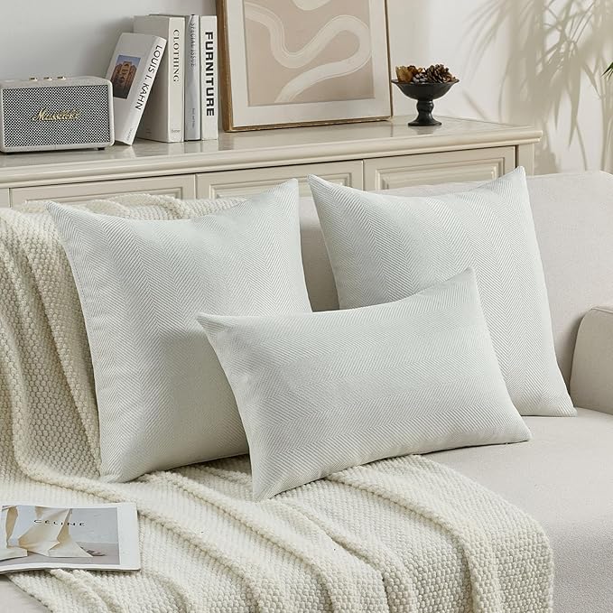 FUTEI Cream White Chenille Throw Pillow Covers 16x16 Inch Set of 2,Soft Wide Chevron Textured Cushion Case,Farmhouse Home Decor for Couch Bed Living Room
