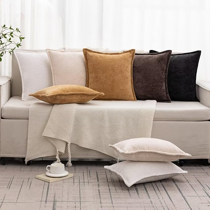 Black Decorative Throw Pillow Covers 22x22 Inch Set of 2 Cozy Soild Chenille Cushion Cases Soft Textured Square Couch Pillows Cover Boho Accent Farmhouse Pillowcases for Sofa Bed