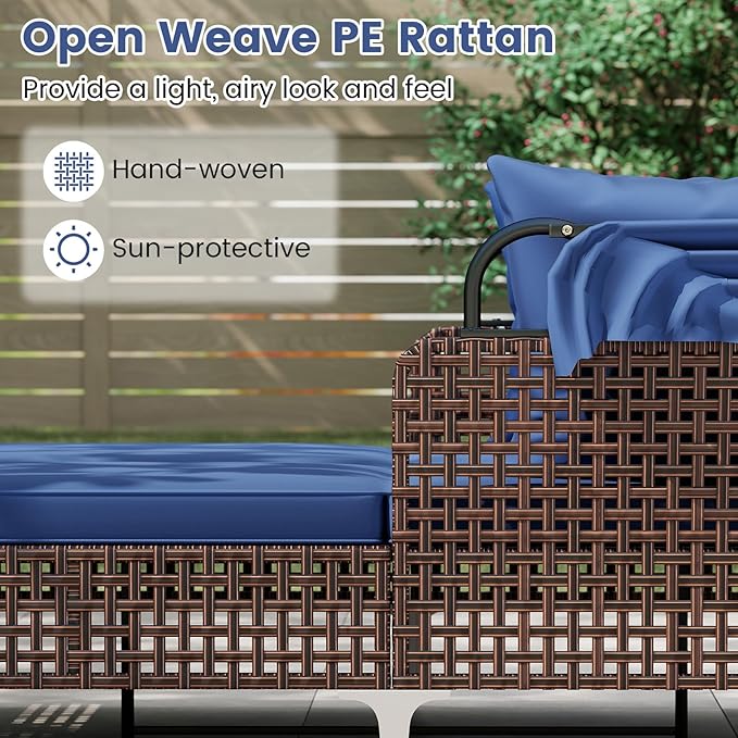 HAPPYGRILL Outdoor Daybed with Retractable Canopy, PE Wicker Rattan Patio Double Chaise Lounger with Cushions, Outside Sunbed Furniture for Garden, Poolside and Backyard (Navy)