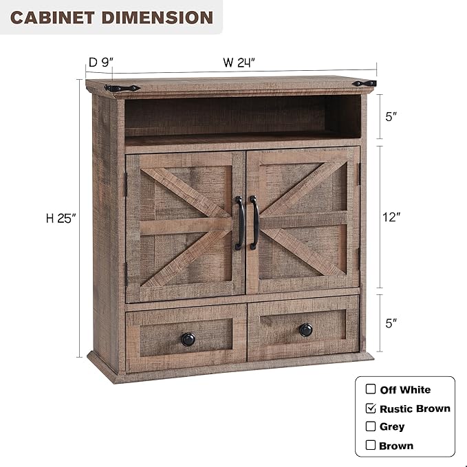 ACCOHOHO Bathroom Wall Cabinet, Farmhouse 24" Wide Medicine Cabinet with Drawer, Adjustable Shelf, Double Barn Doors, Storage Cabinets for Bathroom, Kitchen, Living Room, Rustic Brown