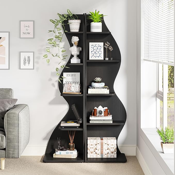 Tribesigns Corner Shelf, Modern 5-Tier Wall Corner Bookshelf, Stylish Corner Small Bookcase Storage Rack Plant Stand with Unique Shape for Living Room, Home Office, (2PCS, Black)