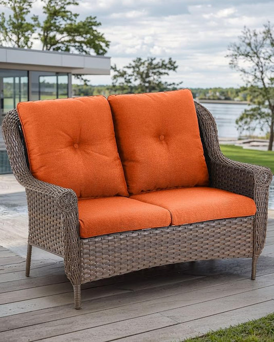 Patio Loveseat Outdoor Wicker Sofa - Heavy Duty All-Weather Brown Rattan 2-Person Sofas with High Back and Comfortable Thick Cushions for Garden Back Porch Poolside Apartment - Orange