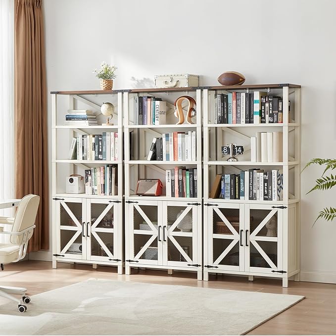 5 Tier Bookshelf 70" Tall Bookcase with Barn Doors,Large Farmhouse Display Book Shelf with Adjustable Shelves and Storage Cabinet,Library Wood Bookshelves for Living Room,Kitchen,Rustic White