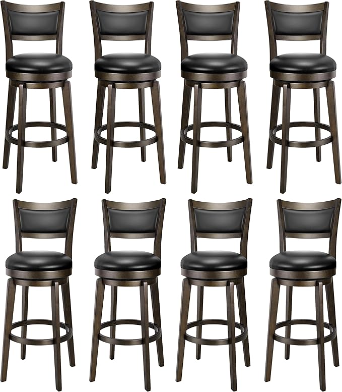 PrimeZone Swivel Bar Stools Set of 8, 30 Inch Bar Height Barstools, Black Faux Leather Bar Stool with High Backrest & Solid Wood Legs & Wrap-Around Footrest, Counter Stools for Kitchen Island, Pub