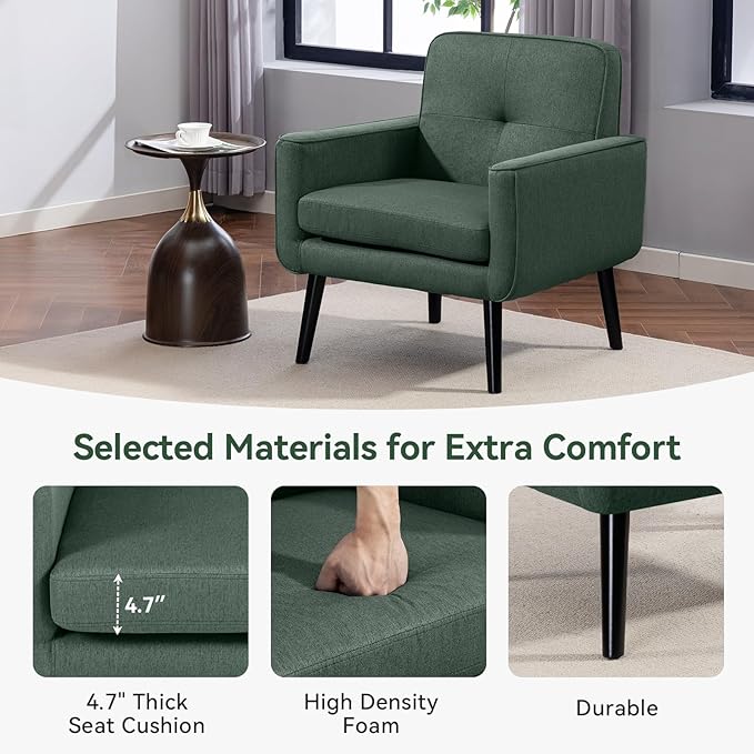 Accent Chair Set of 2, Fabric Modern Chair with Wooden Frame, Cozy Armchair Reading Chair with Comfy Back for Apartment, Living Room, Bedroom, Waiting Room, Small Space, Corner, Green