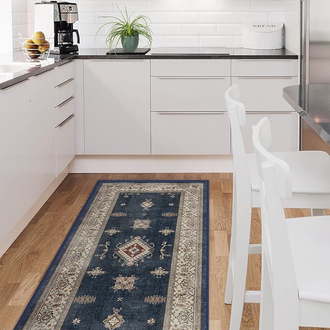 RUGGABLE Washable Vintage Area Rug – Verena Sapphire 4x6, Stain-Resistant, Non-Slip – Medium Machine Washable Rugs for Living Room, Bedroom, Hallway, Entryway & Office–with Standard Pad