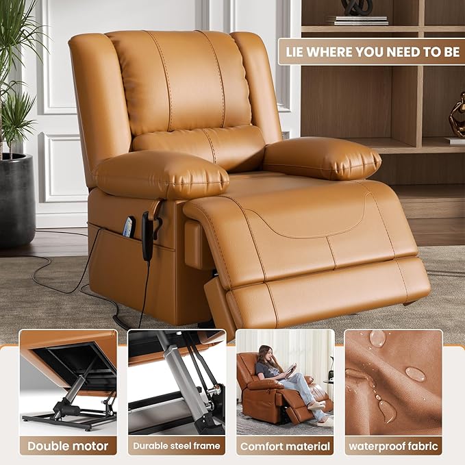Large Dual Motor Power Lift Recliner Chair with Massage and Heat for Elderly People, Infinite Position,USB Ports and Remote Control,Breathable Leather (Yellow)