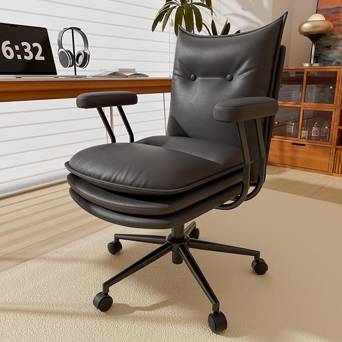 Black Leather Desk Chair with Wheels,Triple-Layers Thicken Wide Seat Height Adjustable,Mid Back,Desk Chair Comfy for Home,Office