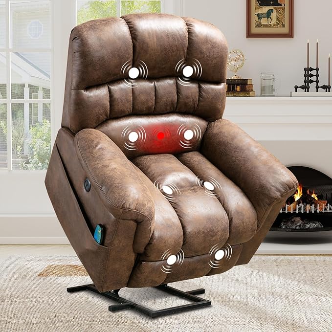 Power Lift Recliner Chair with Massage and Heat for Elderly, Faux Leather Electric Lifting Recliners with USB Port, Overstuffed Wide Reclining Sofa with Side Pockets for Living Room, Brown