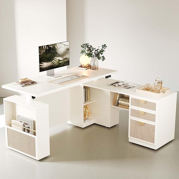 63" Standing Desk with File Cabinet, Privacy Panel, AC/USB, 1.18" Desktop, Executive L Shaped Height Adjustable Desk, Electric Stand Up Table with 3 Drawers, White Rattan