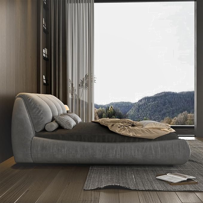 Queen Size Upholstered Platform Bed with Oversized Padded Backrest and Solid Wood Frame for Bedroom, Apartment Room (Grey, Queen (U.S. Standard))