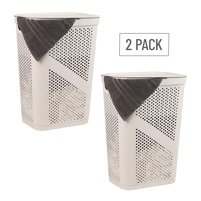 Mind Reader 60L Slim Laundry Hamper, Clothes Basket, Lid, Ventilated, Plastic, Set of 2, Ivory