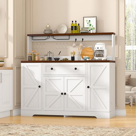Hutch Storage Buffet Cabinet with Drawers, and Charging Station, Coffee Bar Cabinet with Barn Doors, Wine Rack and Hooks, White Wood Sideboard Buffet for Kitchen, Dining Room, 47.8" High