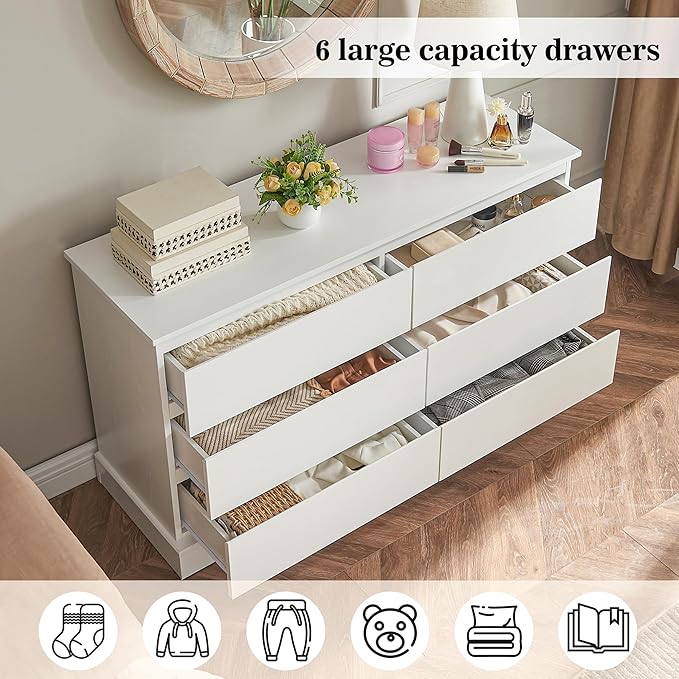 White Bedroom Dresser Modern 6 Drawers Dressers Wood Organizer Wide Dresser & Chest of Drawers Storage for Living Room, Entryway, Hallway