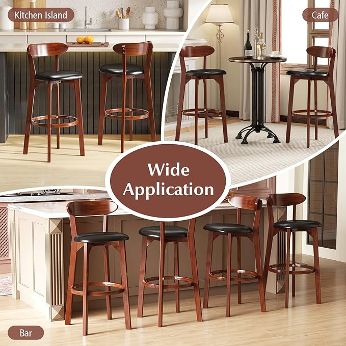 COSTWAY Bar Stool Set of 2, 30.5'' Bar Height Barstools w/Curved Backrest, Faux Leather Cushion & Rubber Wood Frame, Mid Century Modern Island Chairs for Kitchen Bar Cafe, Walnut