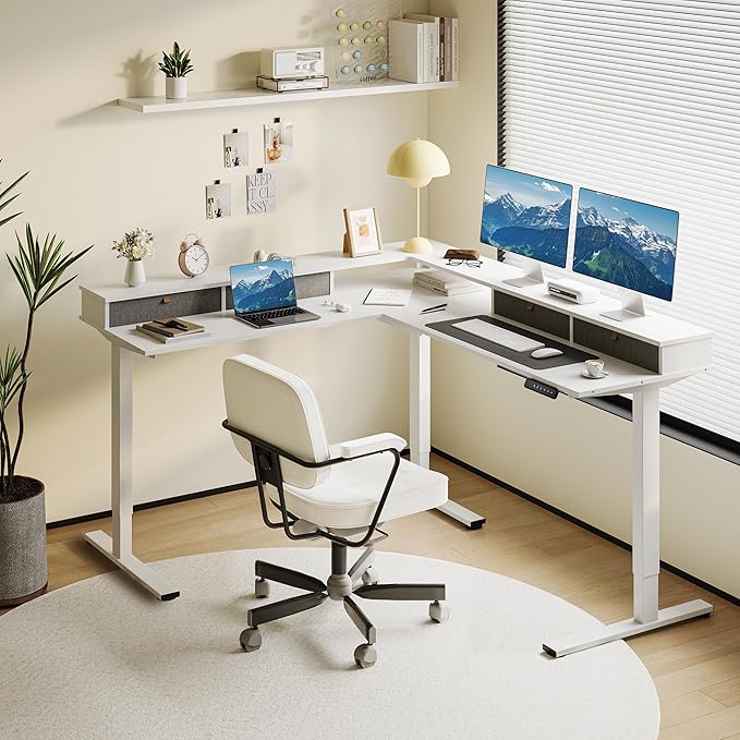SANODESK 71" L Shaped Standing Desk with 4 Drawers, Height Adjustable Stand up Desk, Corner Gaming Desk with Monitor Stand, White Frame/White Top