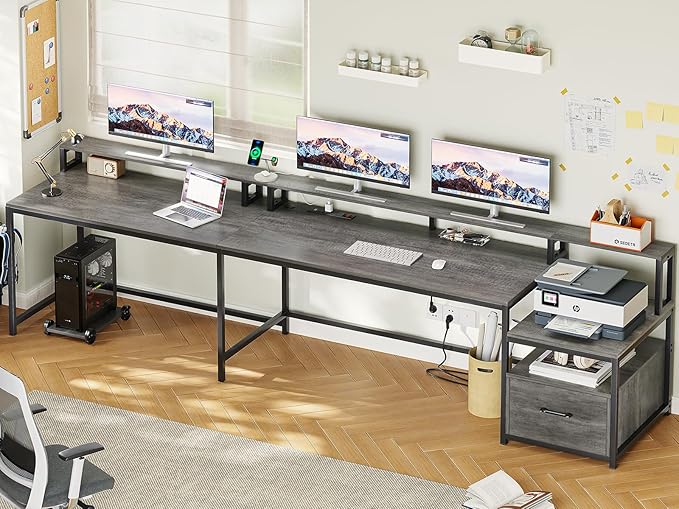 SEDETA L Shaped Desk, 66" Home Office Desk with Wood File Drawer & Power Outlet, Gaming Desk with Led Lights, Corner Computer Desk with Monitor Shelf, Printer Storage Shelves, Two Person Desk, Grey