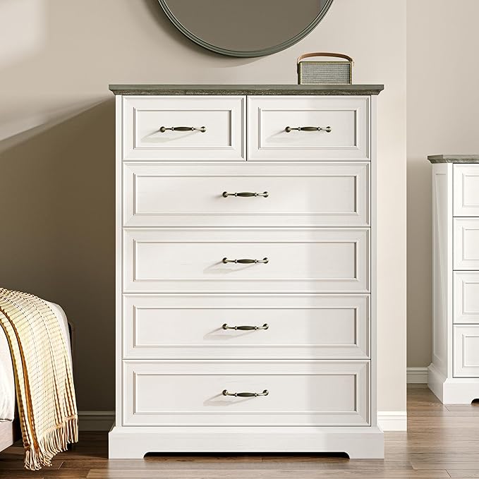 Farmhouse 6 Drawers Dresser for Bedroom, 43" Tall Modern Chest of Drawers with Deep Drawers & Bar Handles, Rustic Wood Dresser TV Stand, Wooden Closet Storage Organizer for Living Room, Hallway, White