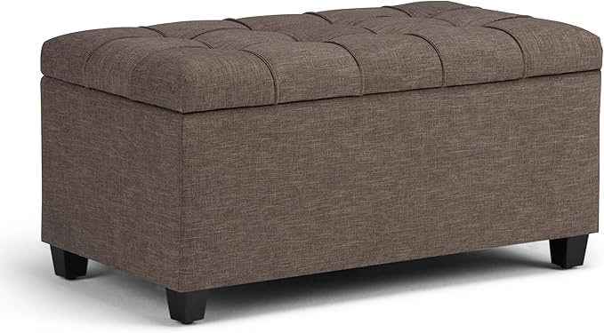 SIMPLIHOME Sienna 33 inch Wide Transitional Rectangle Storage Ottoman Bench in Fawn Brown Linen Look Fabric, Assembled, For the Living Room, Entryway and Family Room