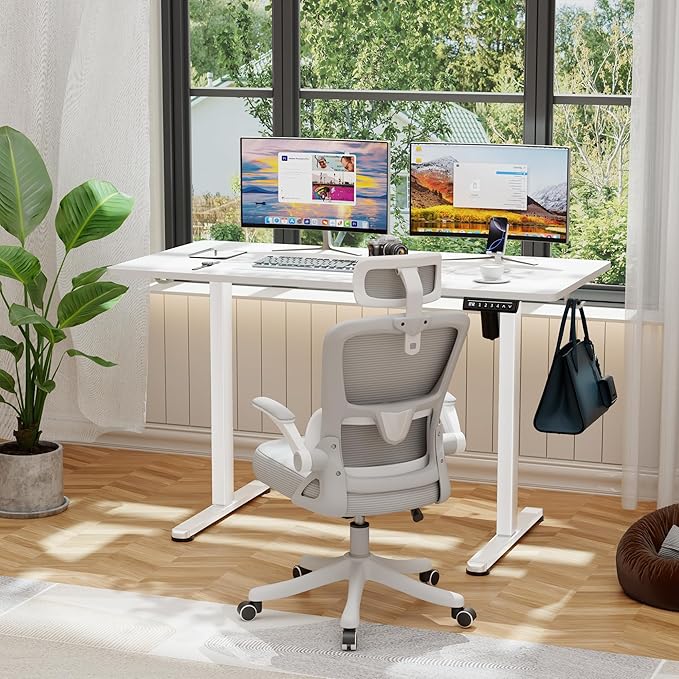 Shahoo 45.2 Inch Standing Desk, Electric Height Adjustable Computer Desks with Hook and Cable Hole, White