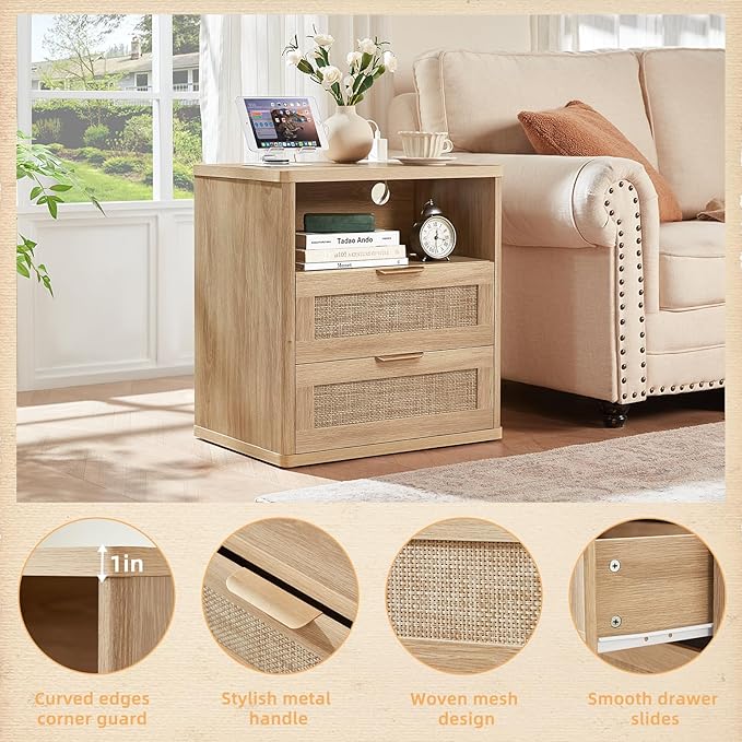 LEYAOYAO Rattan Nightstands Set of 2 with Charger Station, 23" Wide Boho Night Stand with 2 Drawers, Natural Wood Bedside Table Open Shlef, Bed Side End Table Dresser for Bedroom, Living Room Hallway