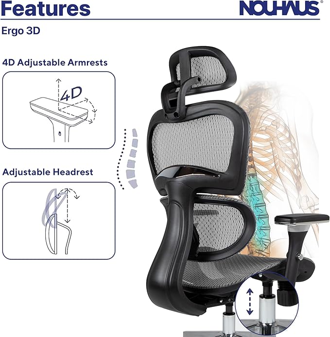 Nouhaus Ergo3D Ergonomic Office Chair Lumbar Support Mesh Office Chair with 4D Adjustable Armrest, Adjustable Headrest and Wheels, Mesh High Back Home Office Desk Chairs (Grey)