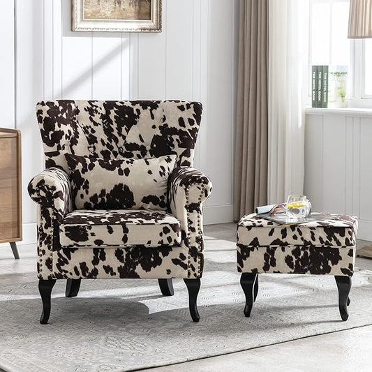 chairus Mid-Century Modern Accent Chair with Ottoman, Comfy Velvet Single Sofa Chair Button Tufted Wingback Armchair with Pillow for Living Room/Bedroom/Club - Cow