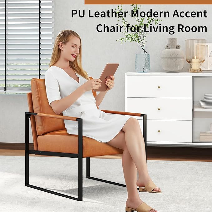CANMOV Modern Accent Chair Set of 4, PU Leather Armchair with Metal Frame,Comfy Single Reading Chair with Soft Padded Backrest and Cushion for Living Room, Bedroom,Reading Room,Office,Brown