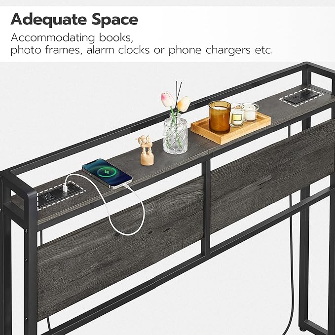 HOOBRO Headboard Queen Size, Headboard with 2 Outlets and 4 USB Ports, Adjustable Height, Storage Rack, Sturdy and Stable, Easy Assembly, Charcoal Gray and Black