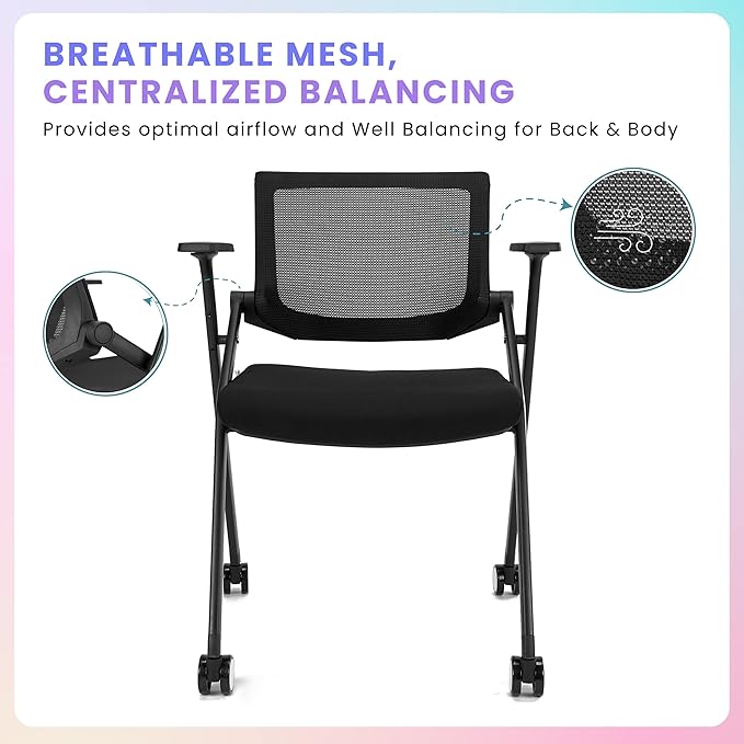2 Pack Stackable Conference Room Chairs with Wheels and Paddle, Ergonomic Mesh Back and Arms for Meeting, Conference, Reception, Training Room & Home Office Desk Folding Chairs