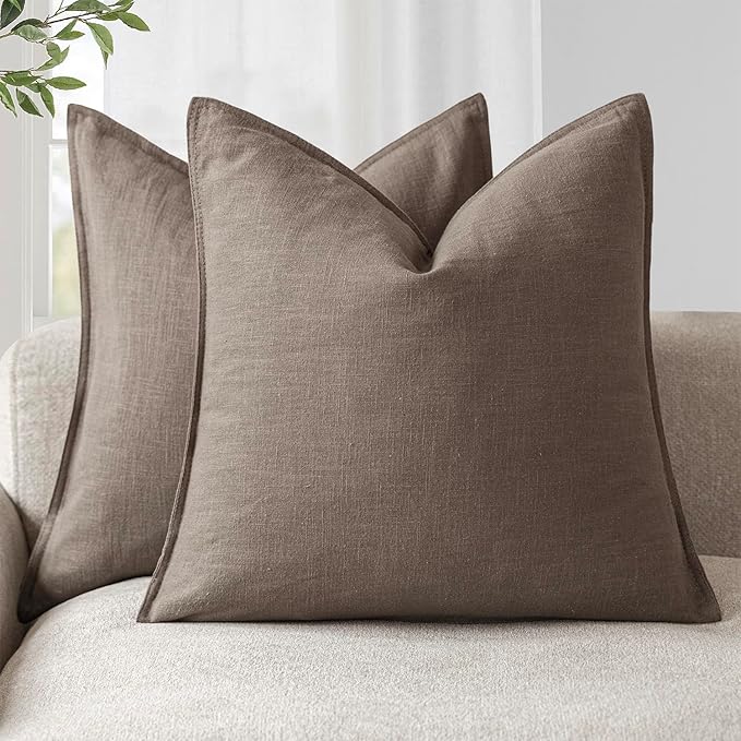 Foindtower Set of 2, Decorative Linen Soild Throw Pillow Covers Soft Accent Euro Cushion Case Farmhouse Neutral Pillowcase for Chair Couch Sofa Bedroom Living Room Home Decor 20 x 20 Inch Light coffee