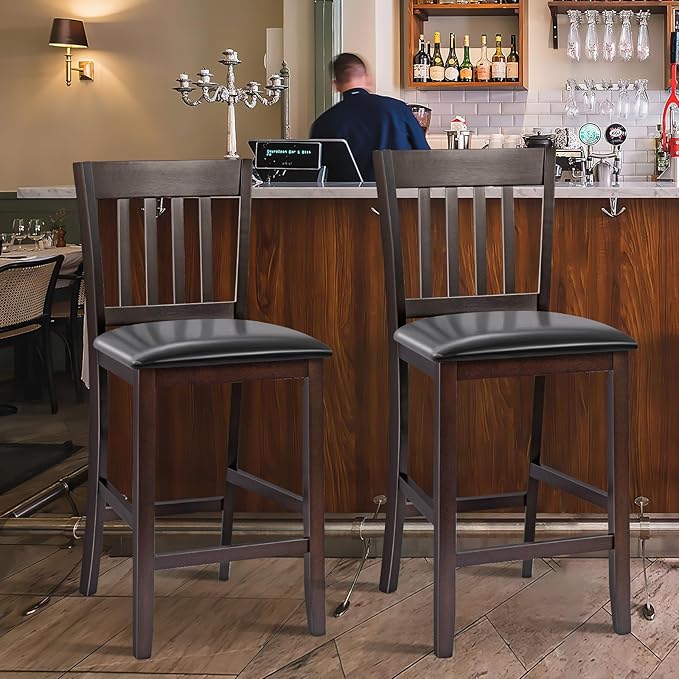 COSTWAY Counter Height Bar Stools Set of 4, 25'' Wooden Pub Chairs with PU Leather Seat, Mid Century Modern Upholstered Island Chairs for Kitchen, Living Room, Dining Room, Bar