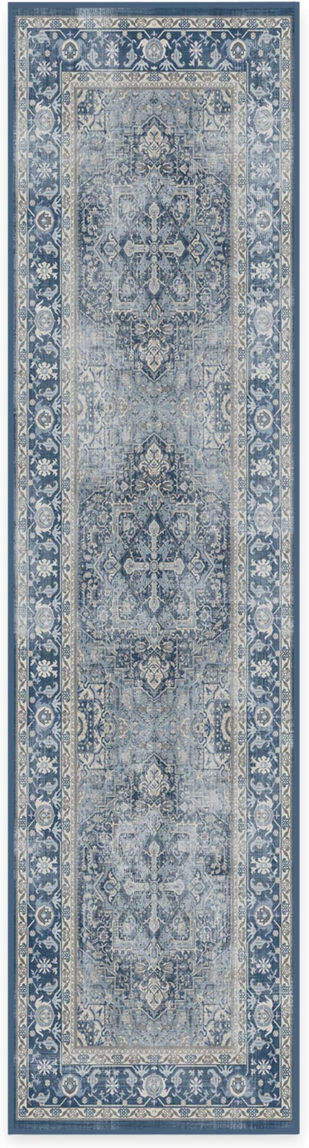 RUGGABLE Washable Vintage Runner Rug – Kamran Admiral Blue 2.5x10, Stain-Resistant, Non-Slip Hallway Runner – Machine Washable Rug for Hallway, Entryway, Living Room & Kitchen–with Standard Pad