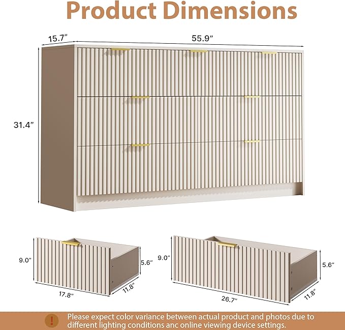 Beige 7 Drawer Dresser for Bedroom, Modern Fluted Dresser with Gold Metal Handles, Wide Chest of Drawers for Bedroom,Living Room, Entryway, Hallway, 55.9" L x 15.7" D x 31.4" H