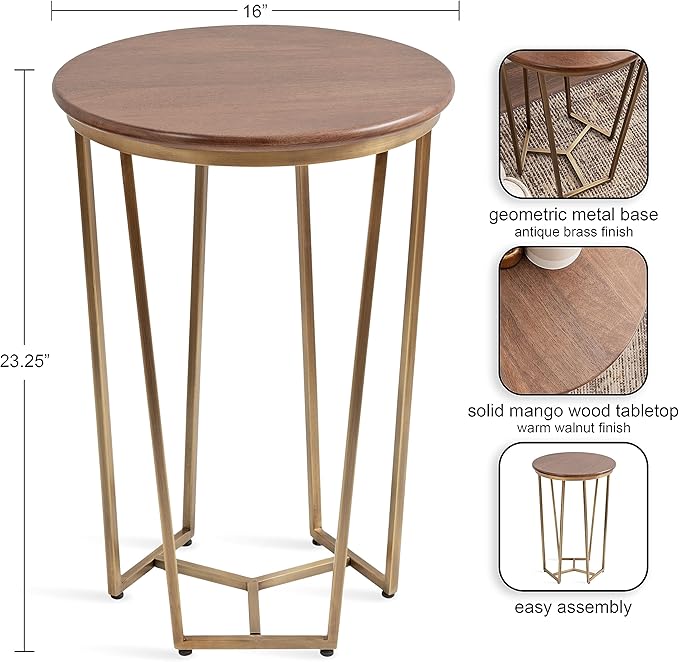 Kate and Laurel Solvay Round Metal and Wood Side Table; 16 x 16 x 24; Walnut and Antique Brass; Mid-Century Modern Bedroom Nightstand Table with Solid Mango Wood Tabletop and Iron Base